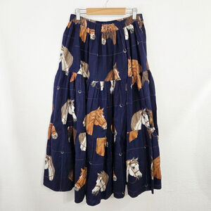 Vintage western broom stick skirt navy blue horses equestrian cowgirl maxi FLAW